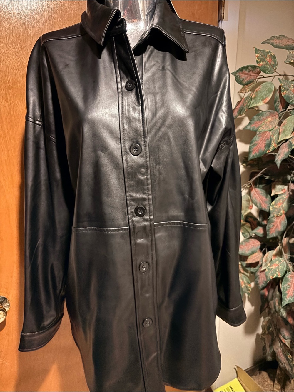 Badgley Mischka Black Faux Leather Button-Front Shacket